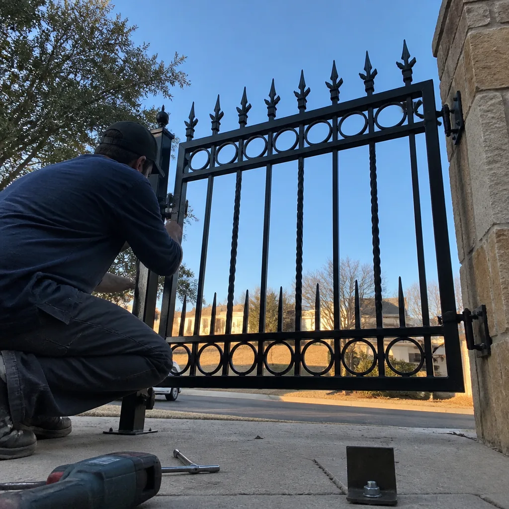 Professional technician installing a decorative black metal driveway gate