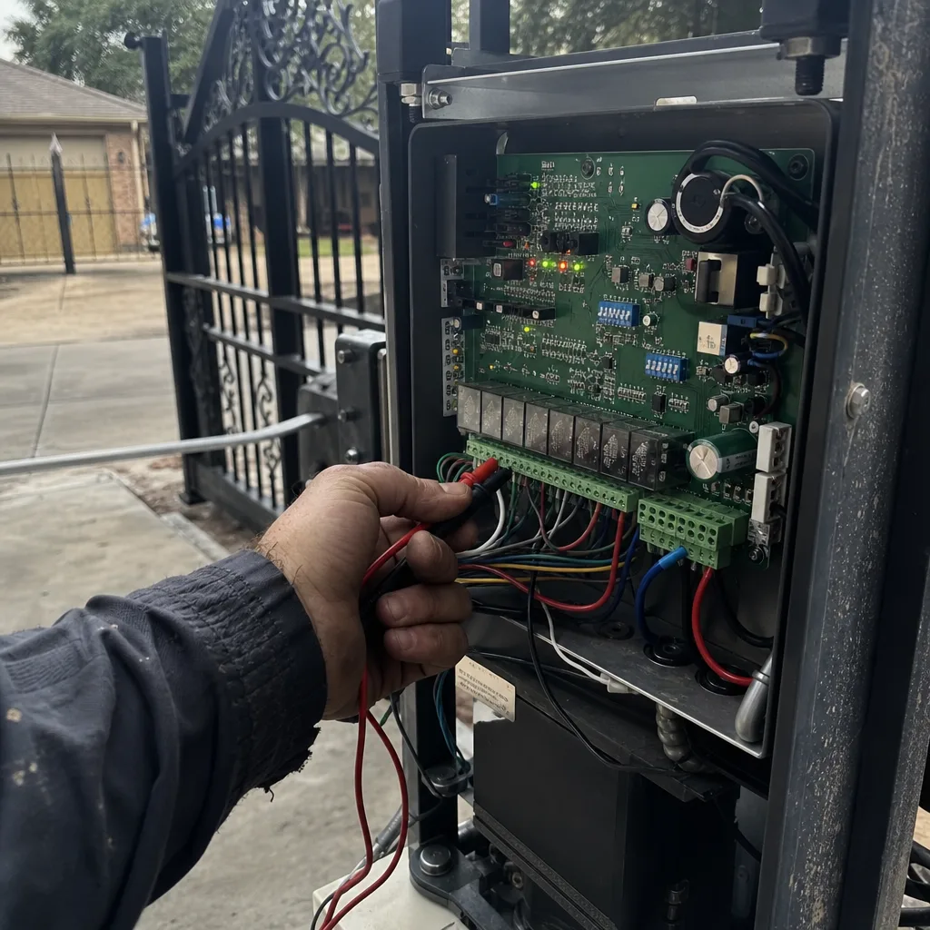 Technician repairing an automatic gate motor control board with a multimeter
