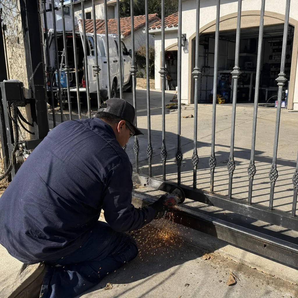Technician using power tool for professional metal gate repair service