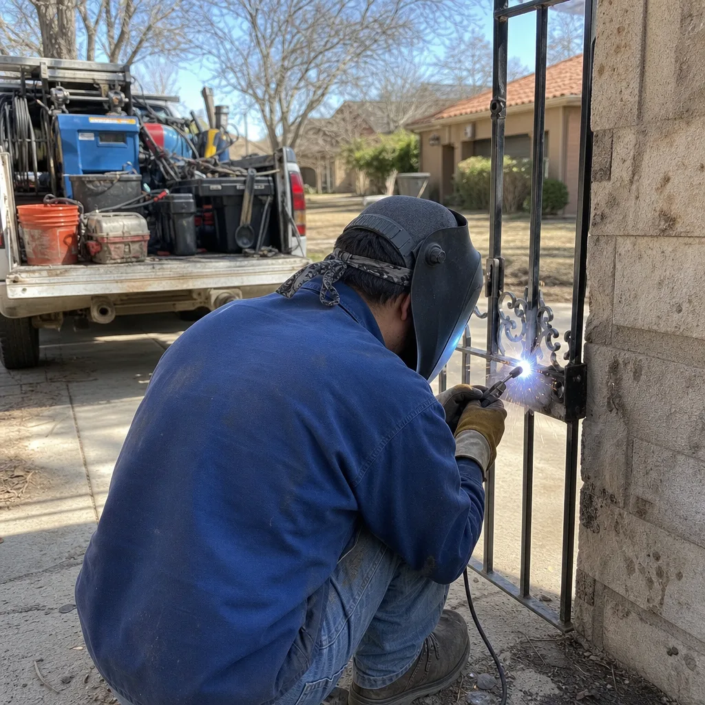 Professional welder performing metal gate repair and ironwork maintenance